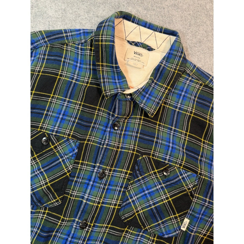Vans Off The Wall Mens Medium Blue Green Plaid Flannel Button Down Shirt Skate